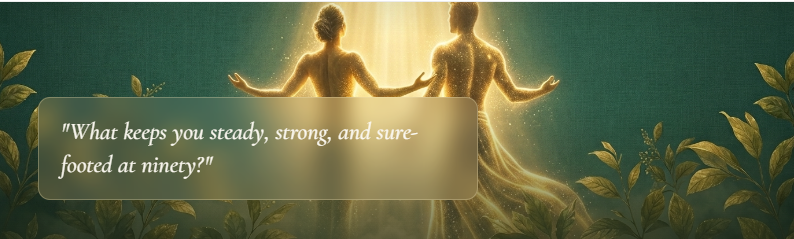 Two luminous figures standing in golden light among green leaves — The Neuromuscular Protocol